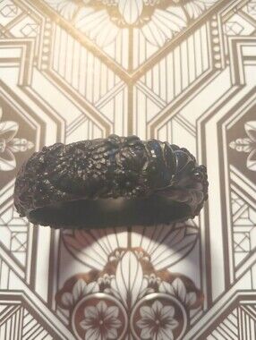 Pretty Deco Era Black Heavily Molded Celluloid Floral Bangle Bracelet